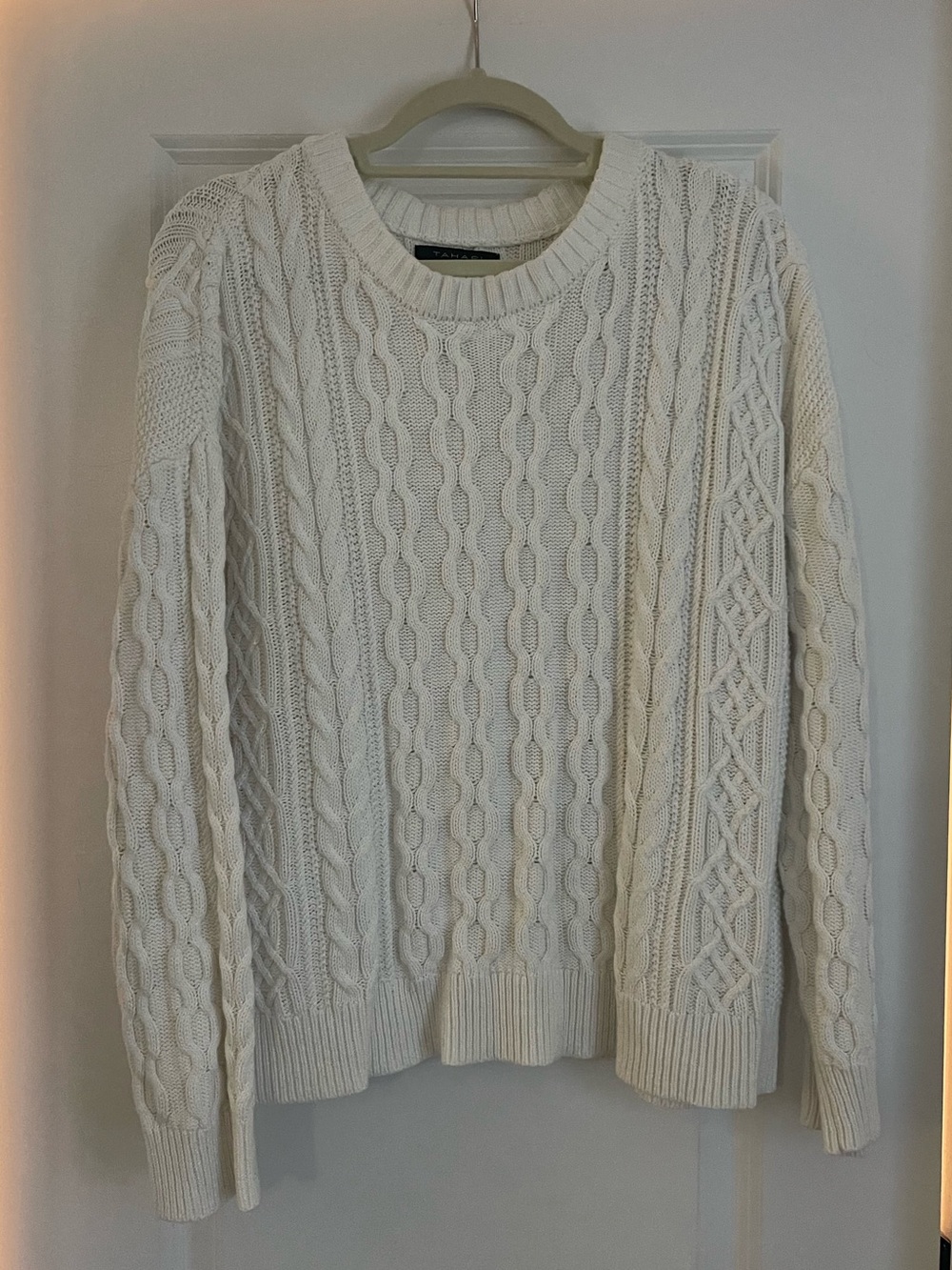 Tahari White Cable Knit Crewneck Sweater XL 100% Cotton